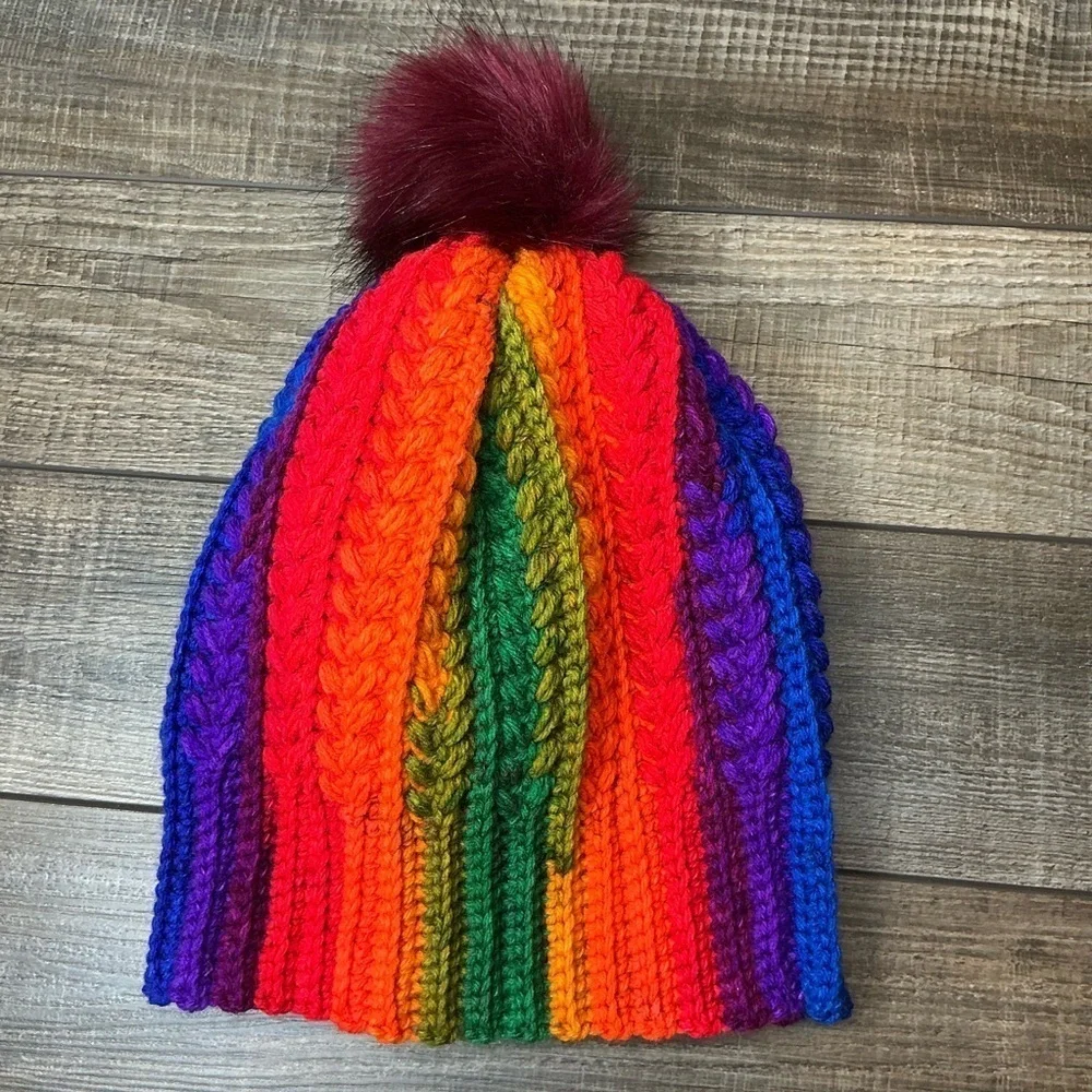 Handcrafted Crochet Multicolor Winter Hat Snowy Wheat Knit Beanie with Pom Pom